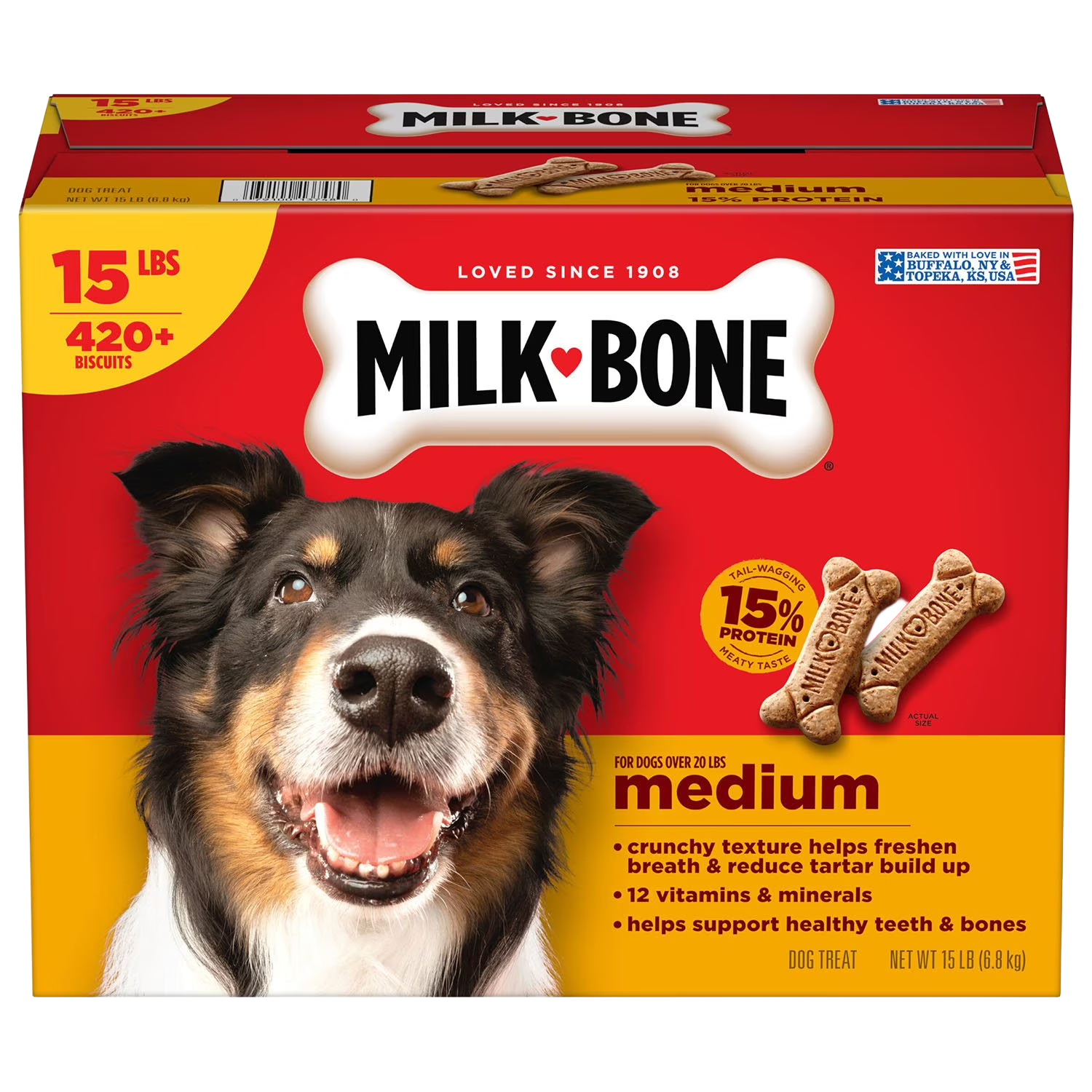 Milk-Bone Medium Original Biscuits 15 lb box with dog, medium biscuits, and 420-plus count shown