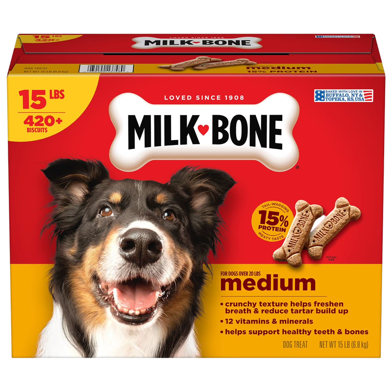 Milk-Bone Medium Original Biscuits 15 lb box with dog, medium biscuits, and 420-plus count shown