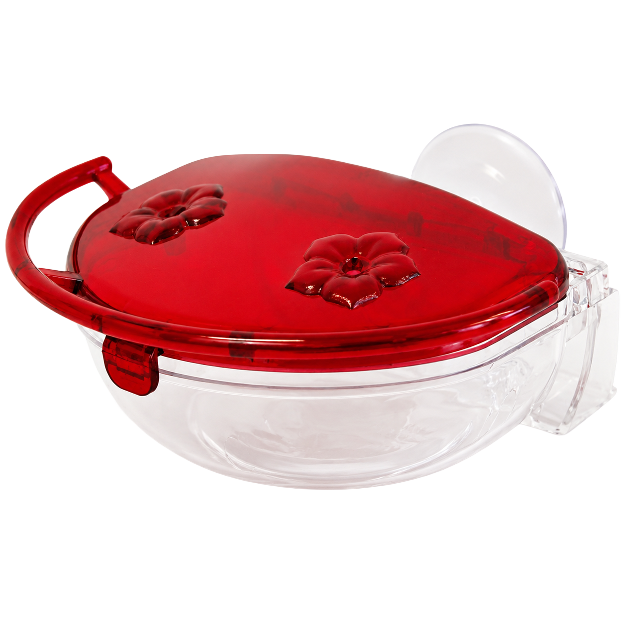 Aspects Gem 4 oz window hummingbird feeder with red top, clear reservoir, two flower ports, curved perch, and suction cup