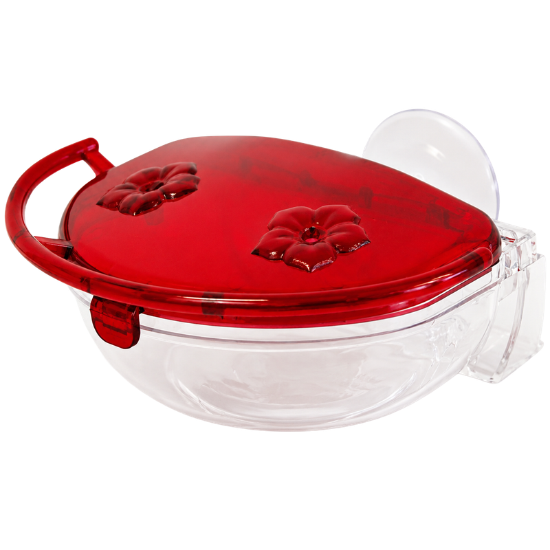 Aspects Gem 4 oz window hummingbird feeder with red top, clear reservoir, two flower ports, curved perch, and suction cup