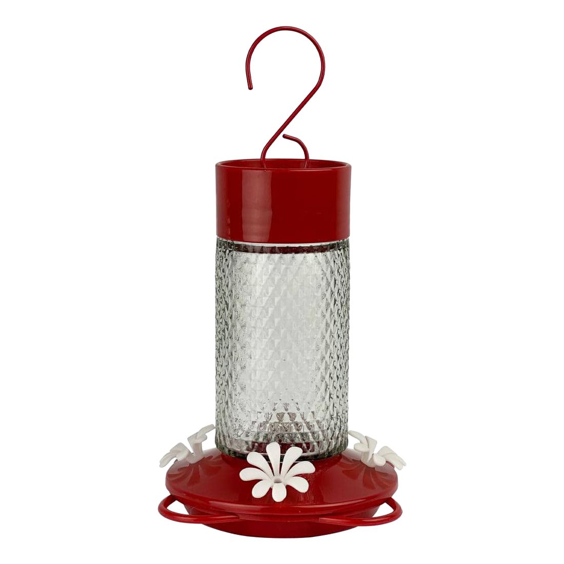 Nature's Way Charming Cherry feeder with textured glass reservoir, red base, white ports and hanger