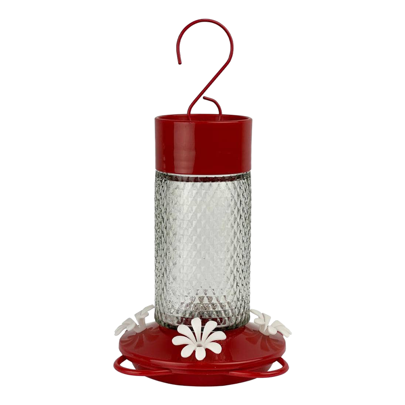 Nature's Way Charming Cherry feeder with textured glass reservoir, red base, white ports and hanger