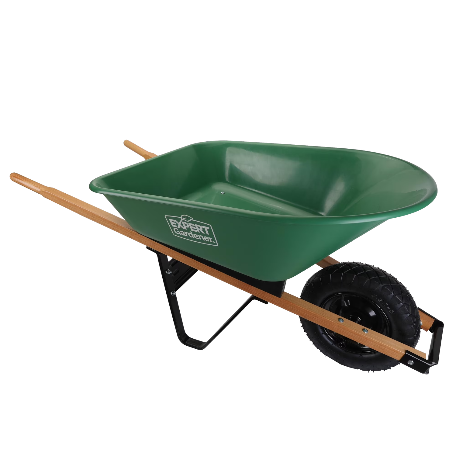 Expert Gardener 4 cu ft wheelbarrow with green poly tray, wood handles, steel frame and single tire