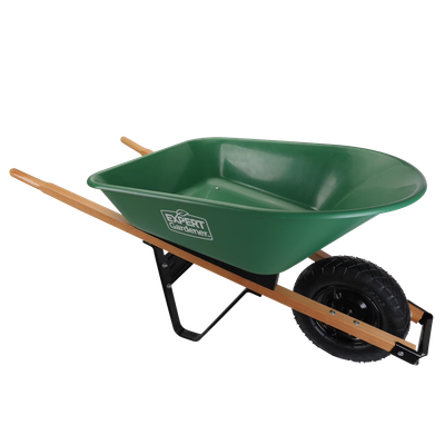 Expert Gardener 4 cu ft wheelbarrow with green poly tray, wood handles, steel frame and single tire