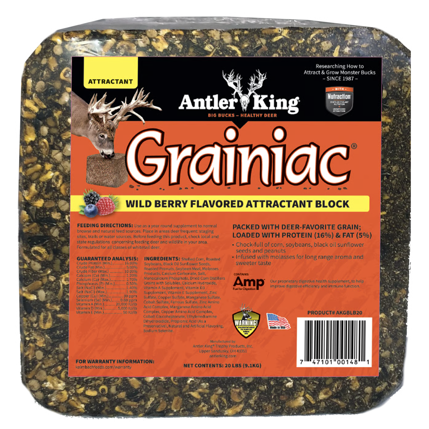 Antler King Grainiac Wild Berry 20 lb attractant block showing grain-packed block and orange product label