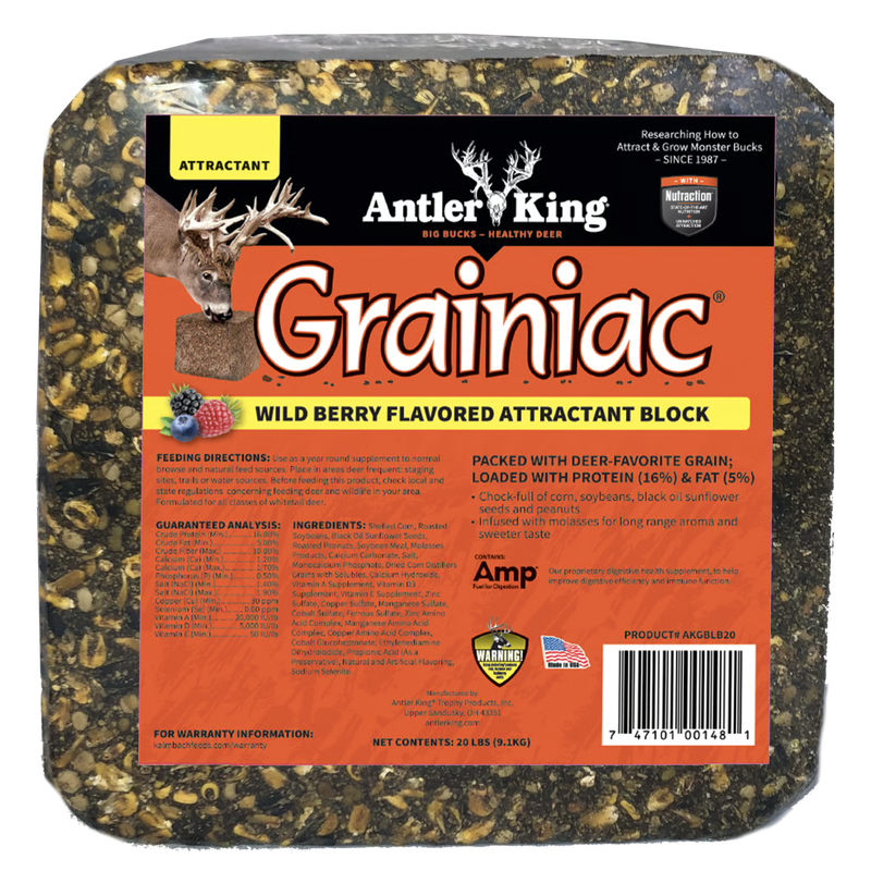 Antler King Grainiac Wild Berry 20 lb attractant block showing grain-packed block and orange product label