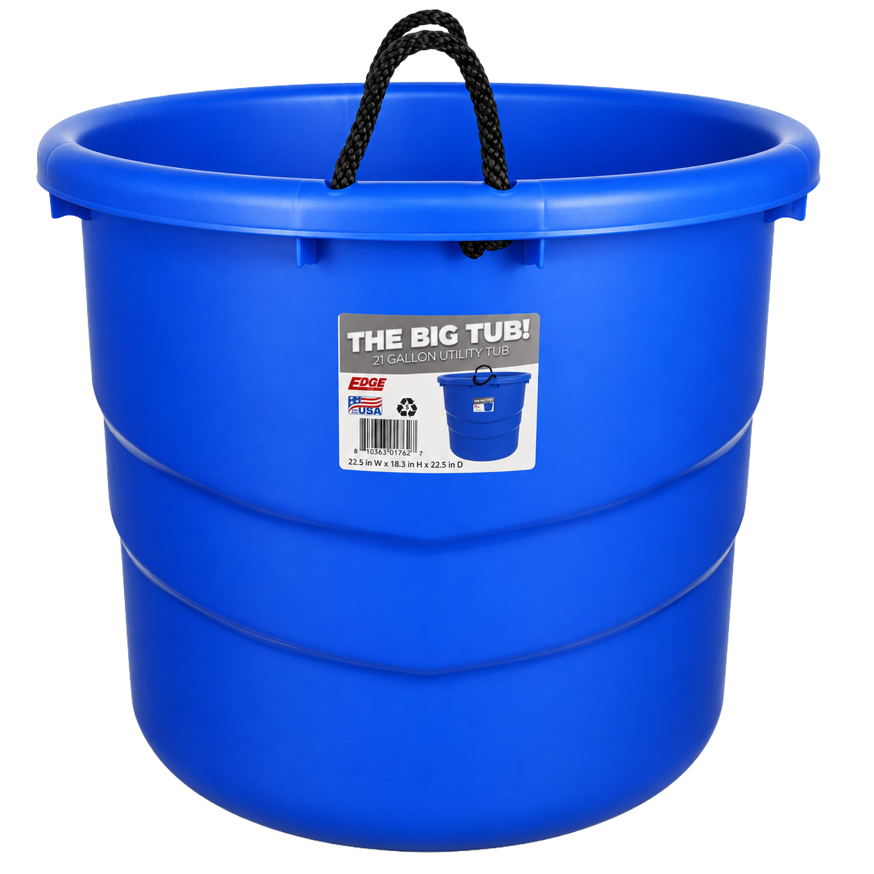 Edge Plastics The Big Tub 21-gallon blue utility tub with black rope handles on a white background
