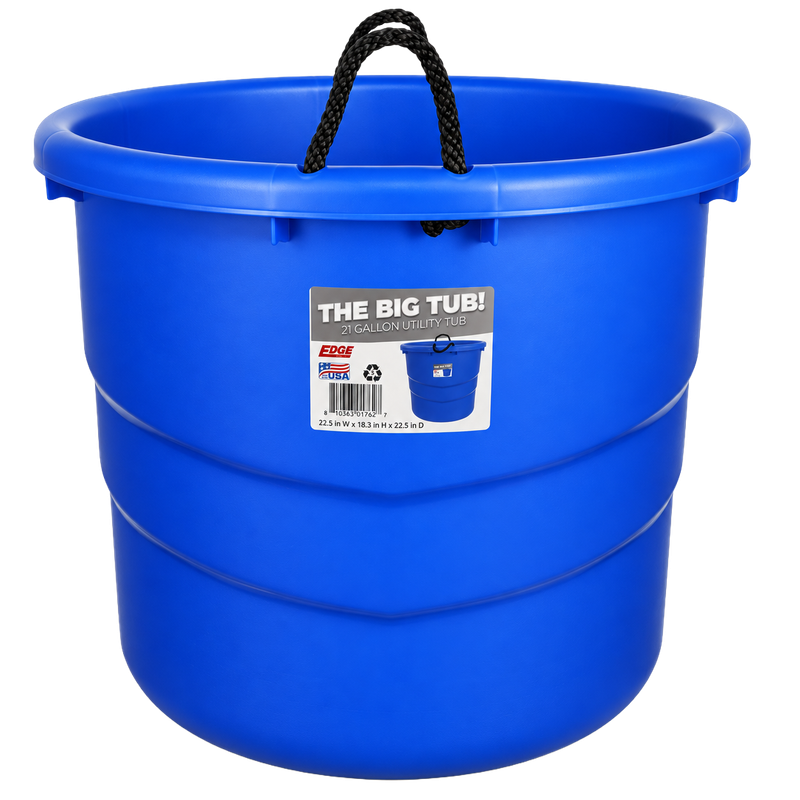 Edge Plastics The Big Tub 21-gallon blue utility tub with black rope handles on a white background