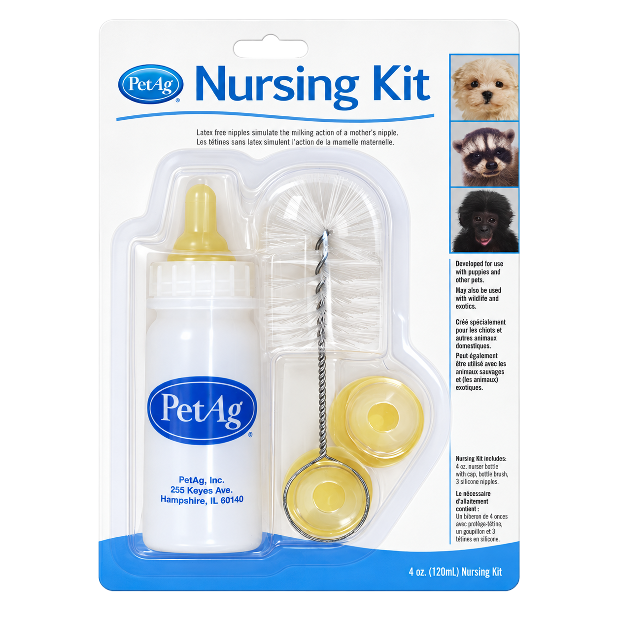 PetAg 4 oz Nursing Kit package with graduated bottle, cap, three silicone nipples, and cleaning brush