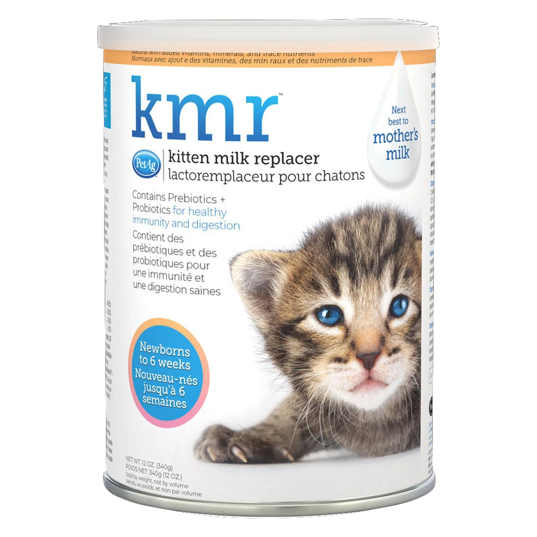 PetAg KMR kitten milk replacer powder 12 oz can with tabby kitten and newborn-to-6-weeks label