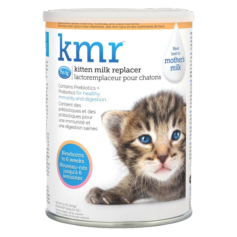 PetAg KMR kitten milk replacer powder 12 oz can with tabby kitten and newborn-to-6-weeks label