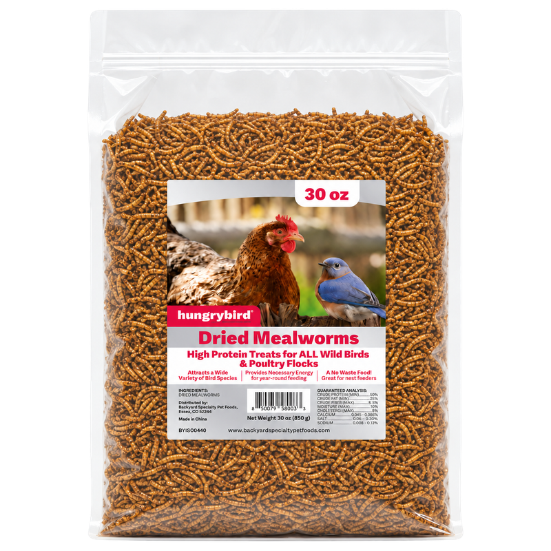 Hungrybird Dried Mealworms 30 oz resealable bag with chicken and bluebird label