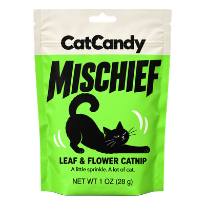 CatCandy Mischief leaf and flower catnip, front of green 1 oz resealable pouch with black cat illustration