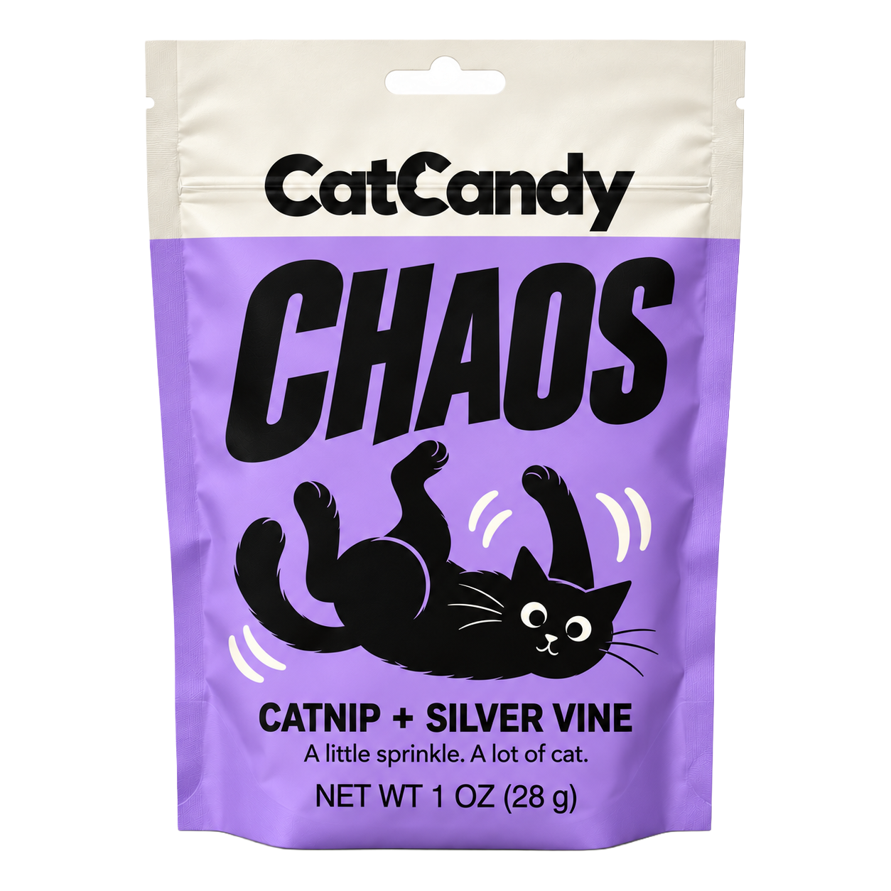 CatCandy Chaos catnip and silver vine blend, front of purple 1 oz resealable pouch with playful black cat illustration