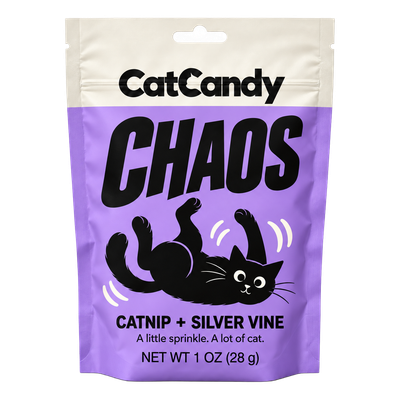 CatCandy Chaos catnip and silver vine blend, front of purple 1 oz resealable pouch with playful black cat illustration
