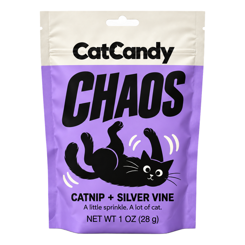 CatCandy Chaos catnip and silver vine blend, front of purple 1 oz resealable pouch with playful black cat illustration