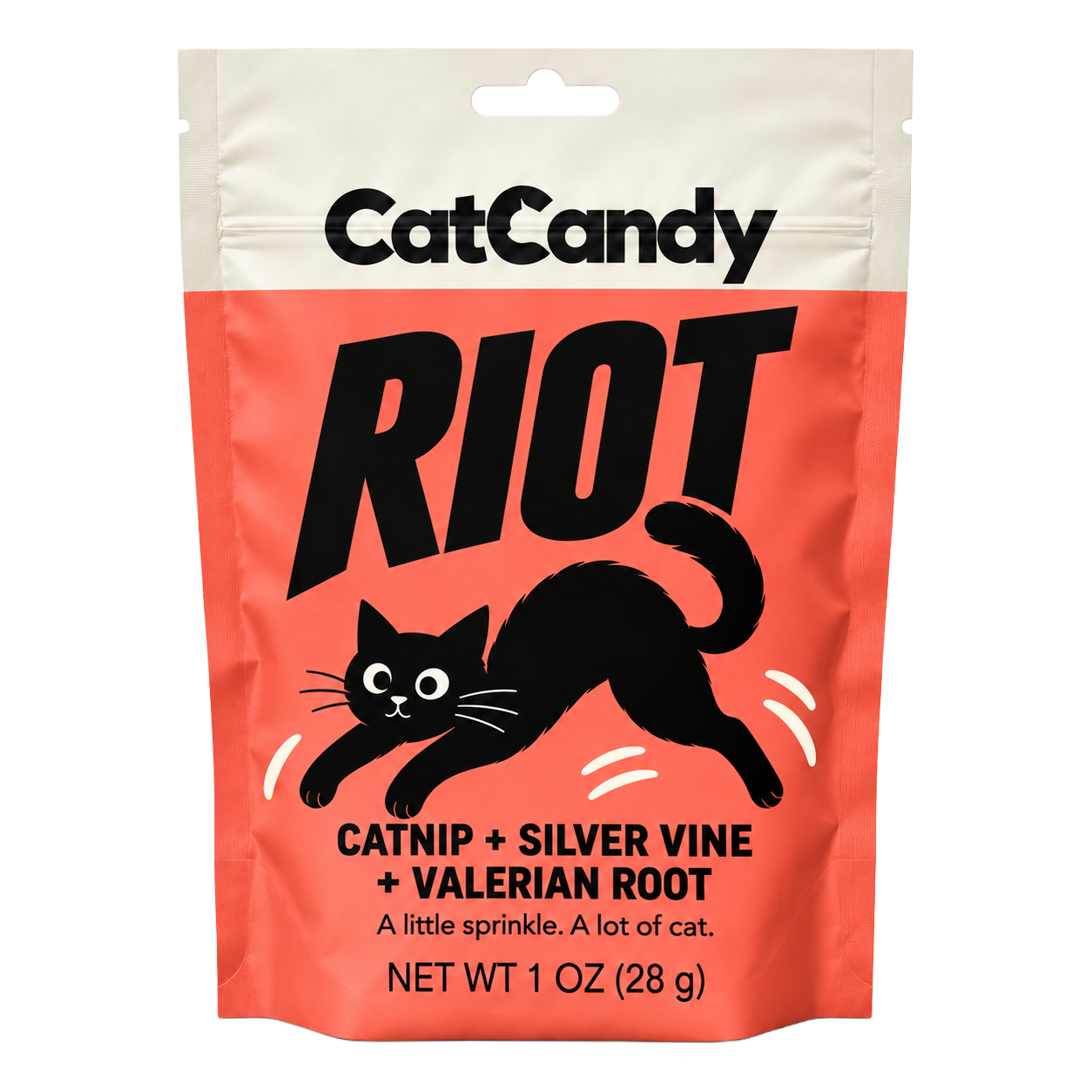 CatCandy Riot catnip, silver vine, and valerian root blend, front of red-orange 1 oz pouch with black cat illustration