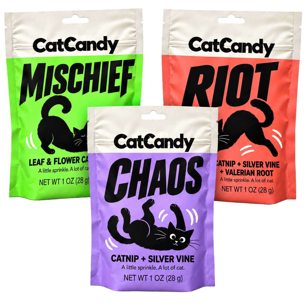 CatCandy Trouble Trio with green Mischief and red Riot 1 oz pouches behind a purple Chaos pouch