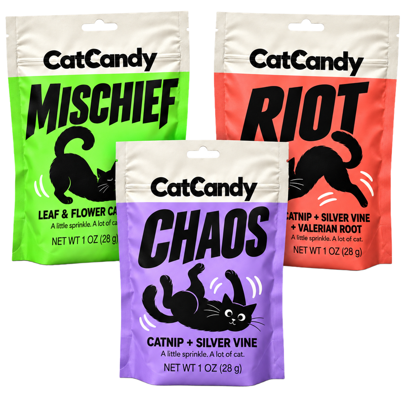 CatCandy Trouble Trio with green Mischief and red Riot 1 oz pouches behind a purple Chaos pouch