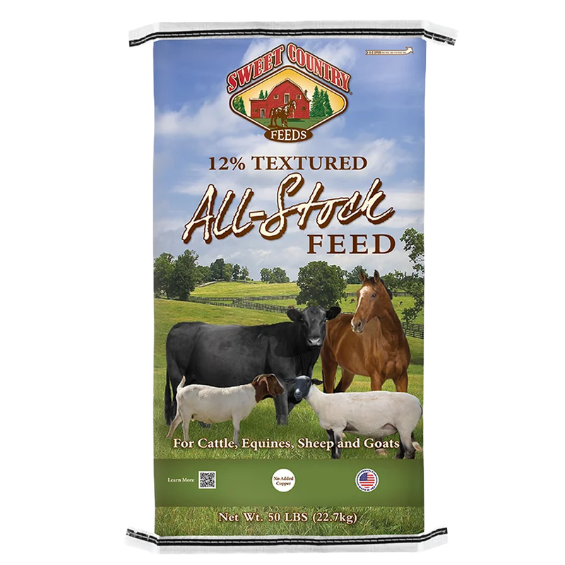 Front of Sweet Country 12% Textured All-Stock Feed 50 lb bag with cattle, horse, sheep and goat pictured