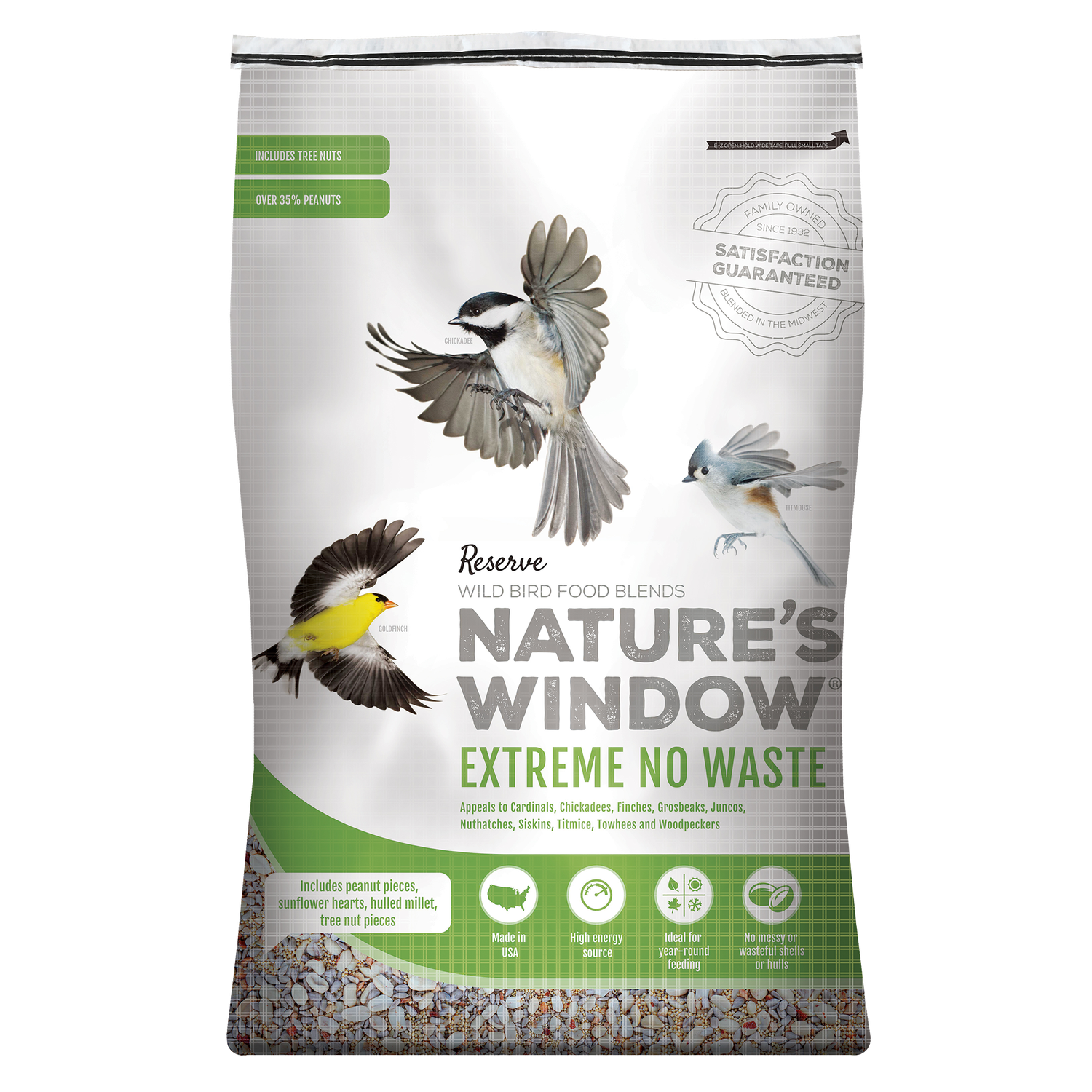 Front of Nature’s Window Extreme No Waste wild bird food bag with songbirds and seed blend pictured at the bottom