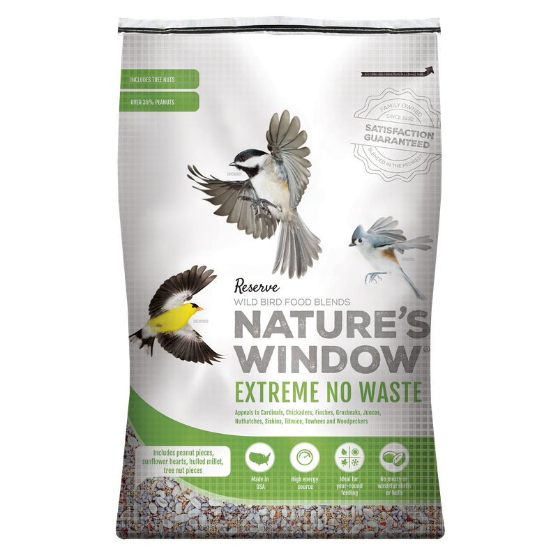 Front of Nature’s Window Extreme No Waste wild bird food bag with songbirds and seed blend pictured at the bottom