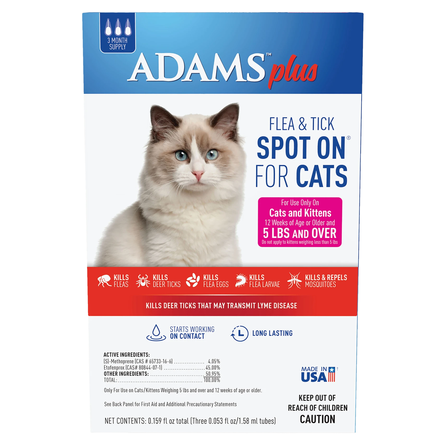Front of Adams Plus Flea &amp; Tick Spot On for Cats box, 3-month supply for cats 5 lb and over