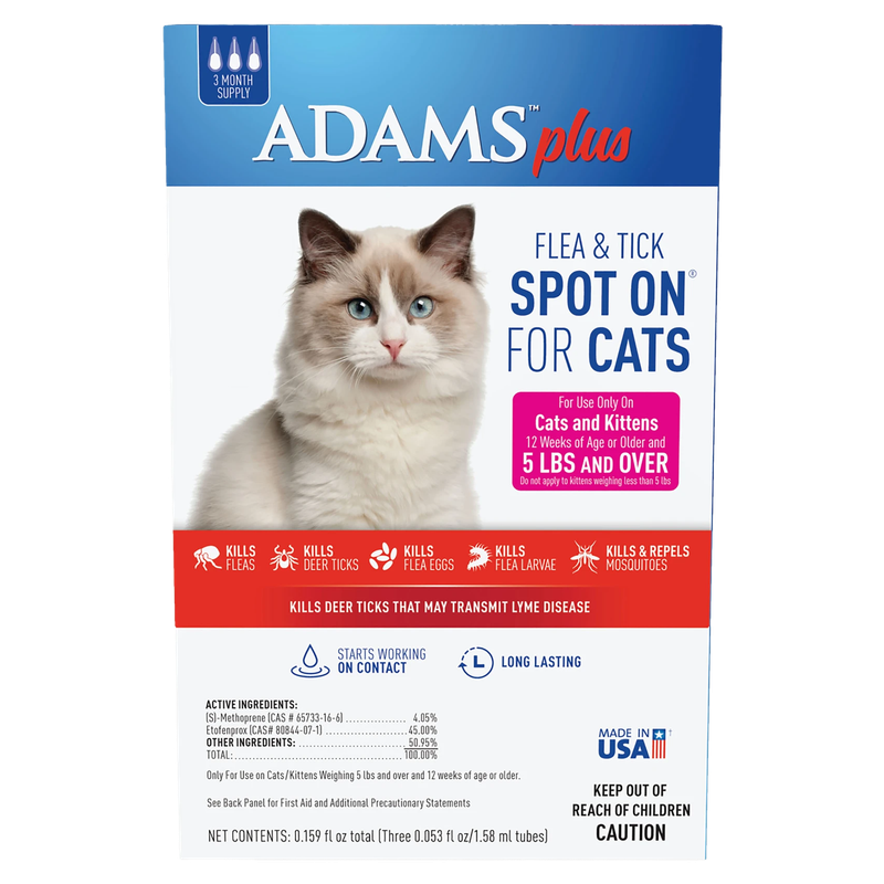 Front of Adams Plus Flea &amp; Tick Spot On for Cats box, 3-month supply for cats 5 lb and over