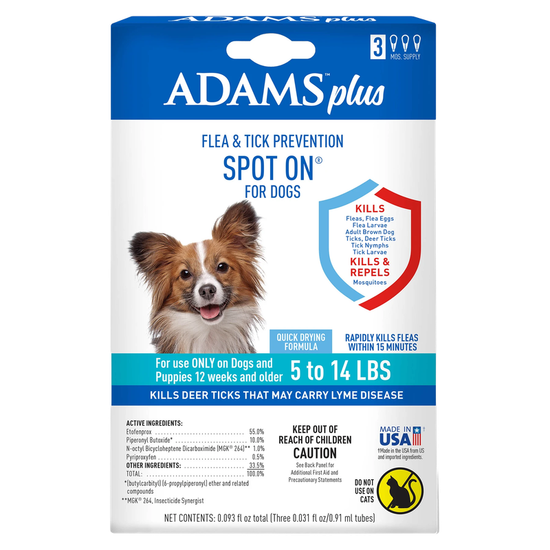 Front of Adams Plus Flea &amp; Tick Spot On for Dogs box, 3-month supply for dogs 5-14 lb