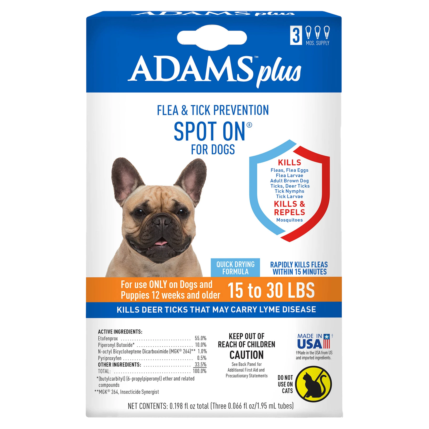 Front of Adams Plus Flea &amp; Tick Spot On for Dogs box, 3-month supply for dogs 15 to 30 lb