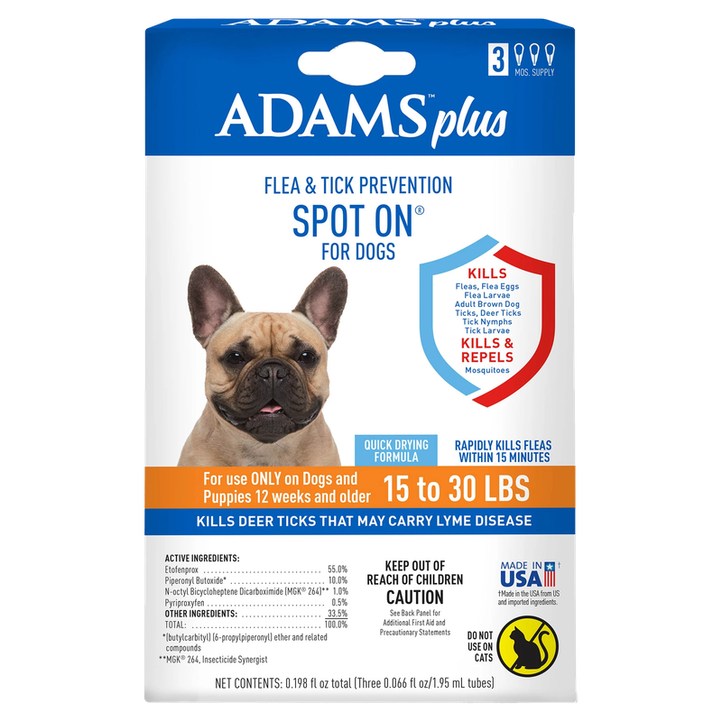 Front of Adams Plus Flea &amp; Tick Spot On for Dogs box, 3-month supply for dogs 15 to 30 lb