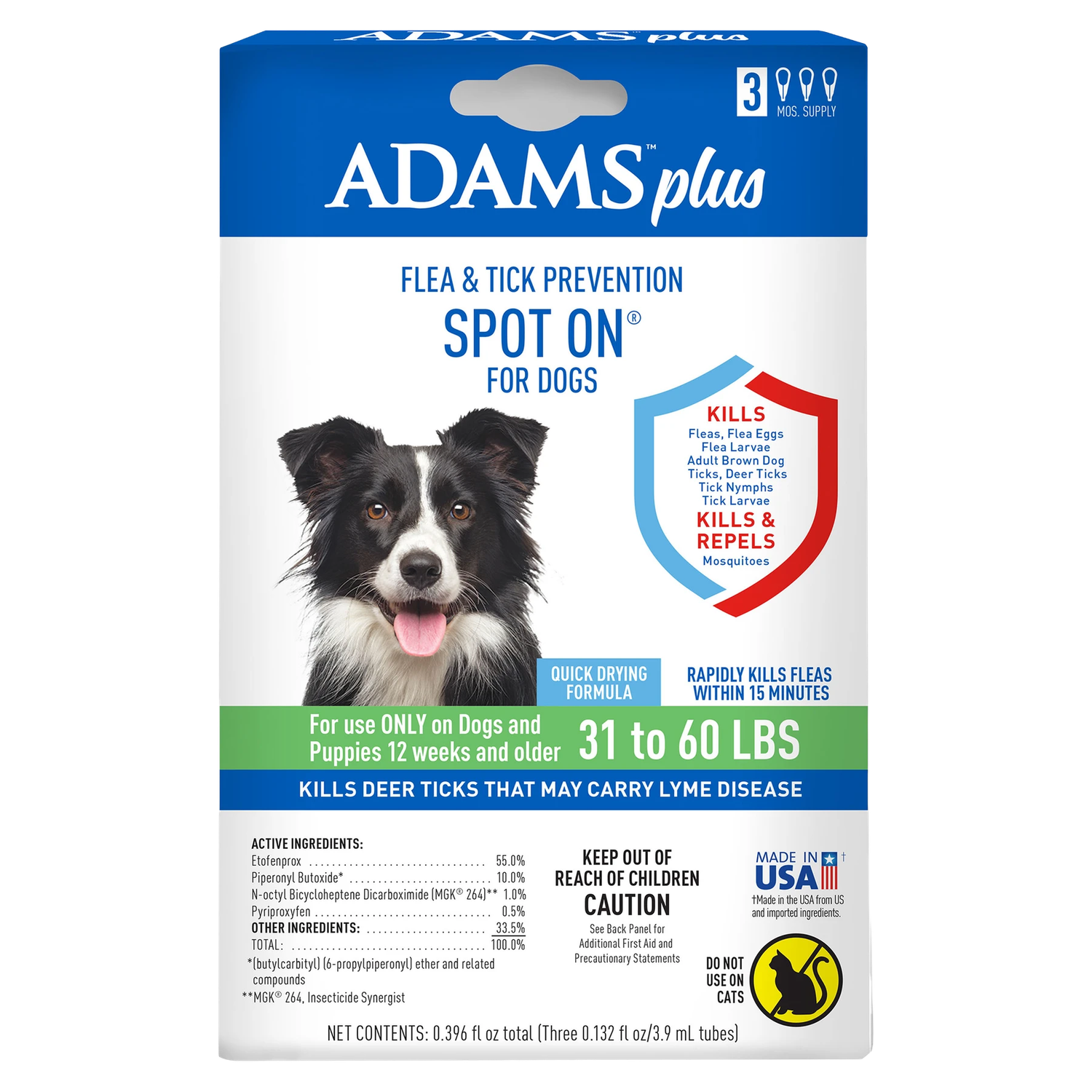 Front of Adams Plus Flea &amp; Tick Spot On for Dogs box, 3-month supply for dogs 31-60 lb