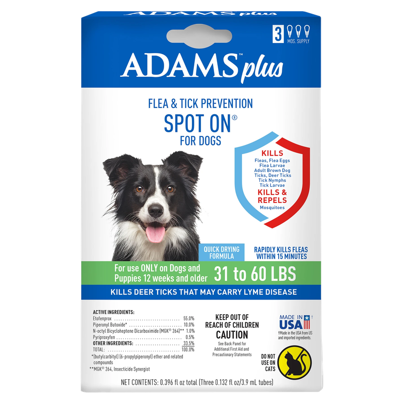 Front of Adams Plus Flea &amp; Tick Spot On for Dogs box, 3-month supply for dogs 31-60 lb