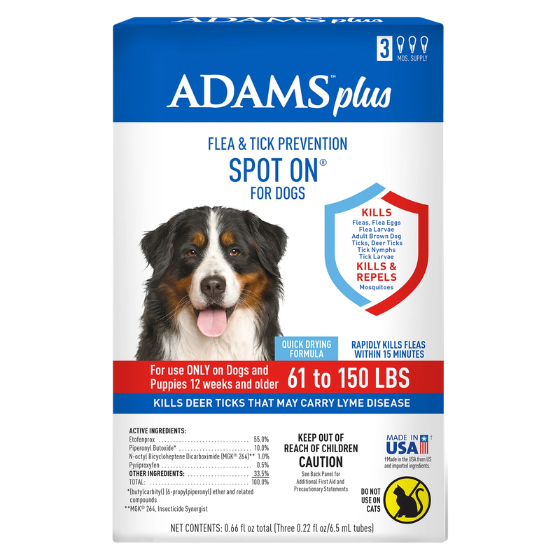 Front of Adams Plus Flea &amp; Tick Spot On for Dogs box, 3-month supply for dogs 61-150 lb