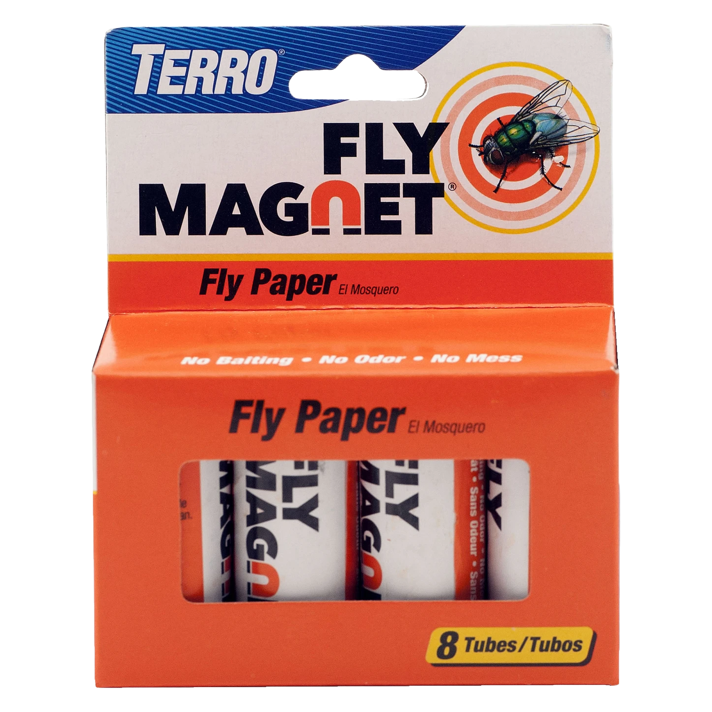 Front of Terro Fly Magnet Fly Paper package showing eight sticky fly ribbon tubes
