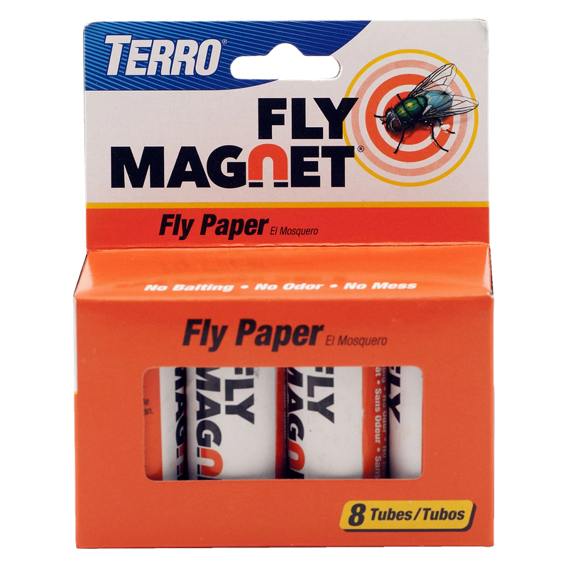 Front of Terro Fly Magnet Fly Paper package showing eight sticky fly ribbon tubes