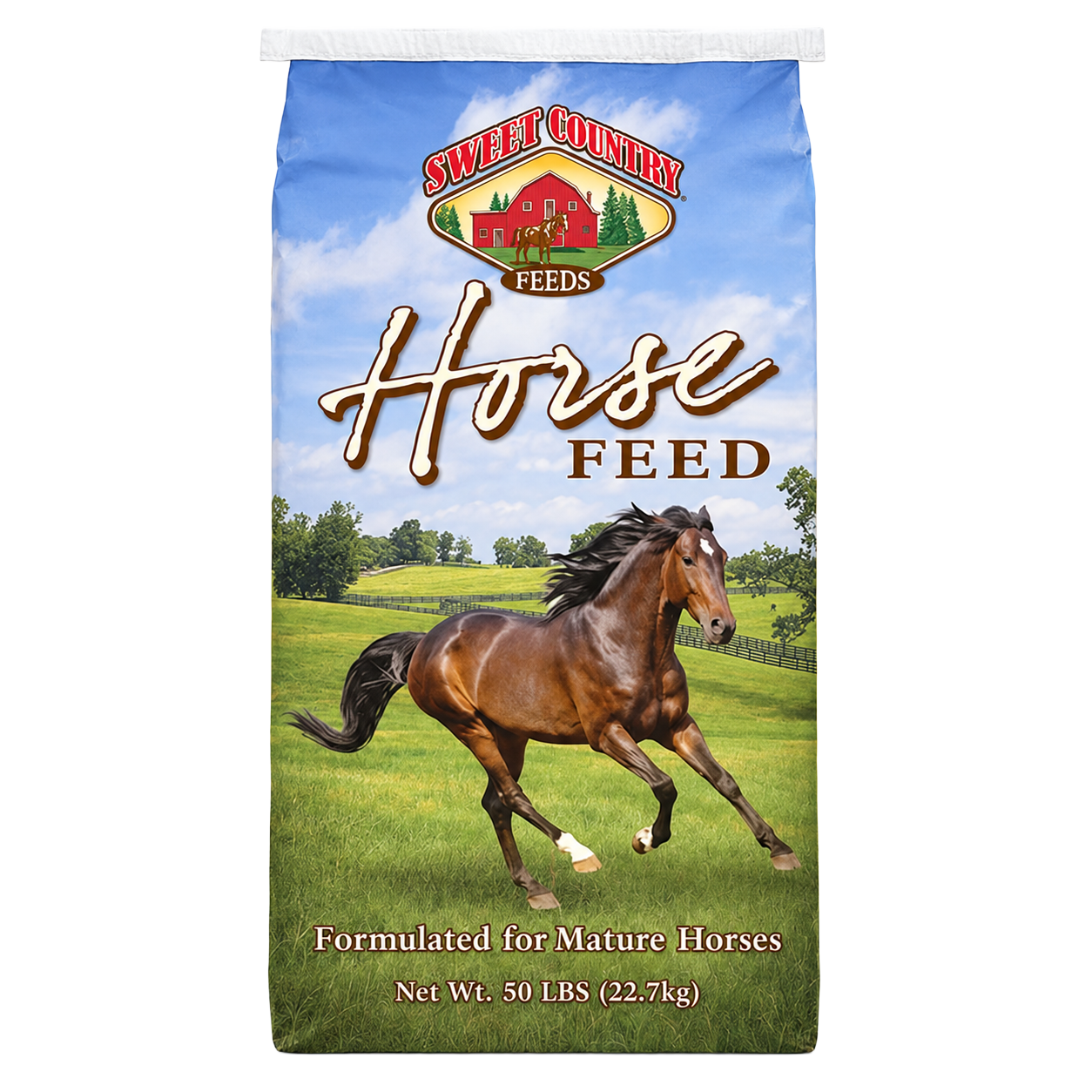 Front of Sweet Country Horse Feed 50 lb bag with a running horse and blue sky design