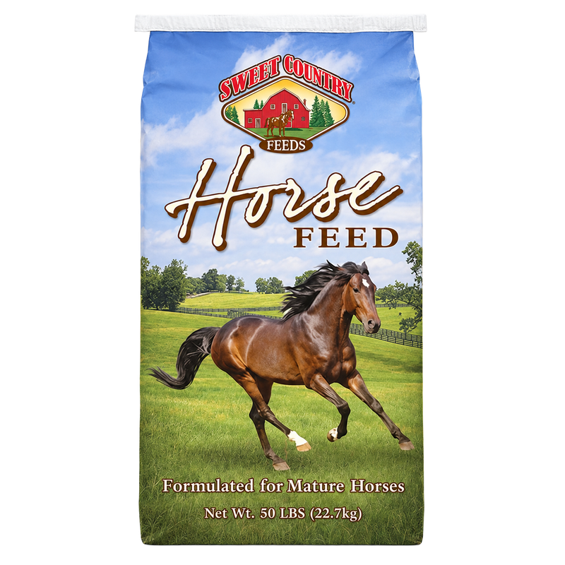 Front of Sweet Country Horse Feed 50 lb bag with a running horse and blue sky design