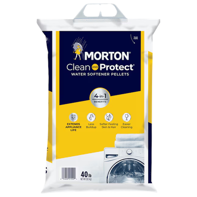 Front of yellow-and-white Morton Clean and Protect 40 lb water softener salt pellet bag with handle and washing-machine graphic