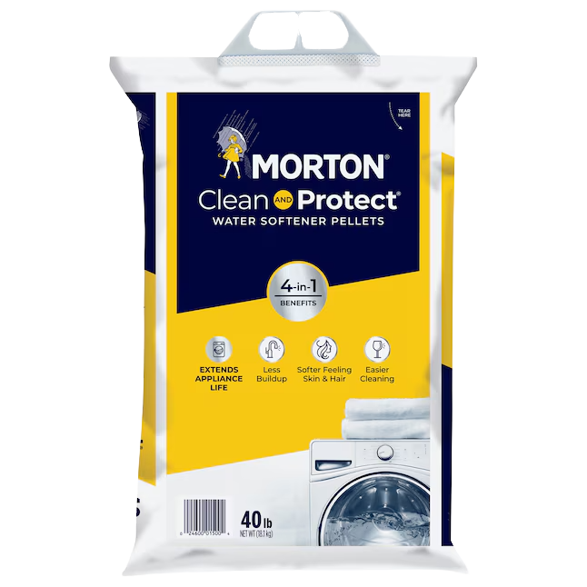 Front of yellow-and-white Morton Clean and Protect 40 lb water softener salt pellet bag with handle and washing-machine graphic