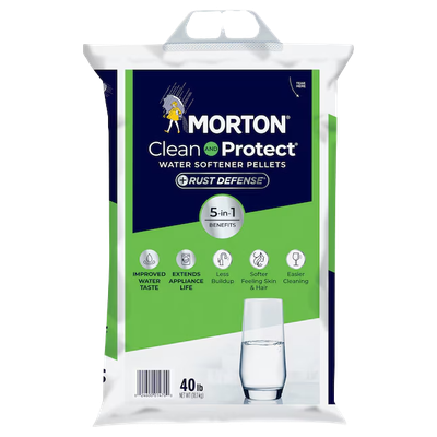 Front of green-and-white Morton Clean and Protect Plus Rust Defense 40 lb salt pellet bag with handle and water-glass graphic