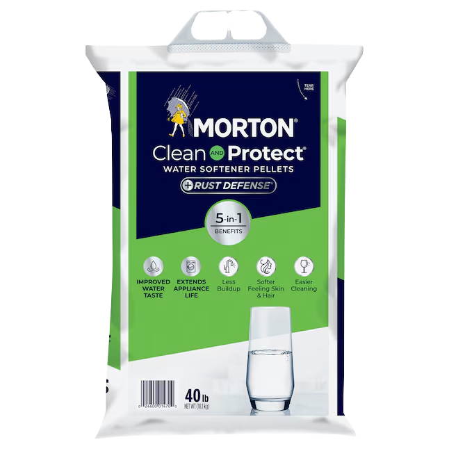 Front of green-and-white Morton Clean and Protect Plus Rust Defense 40 lb salt pellet bag with handle and water-glass graphic
