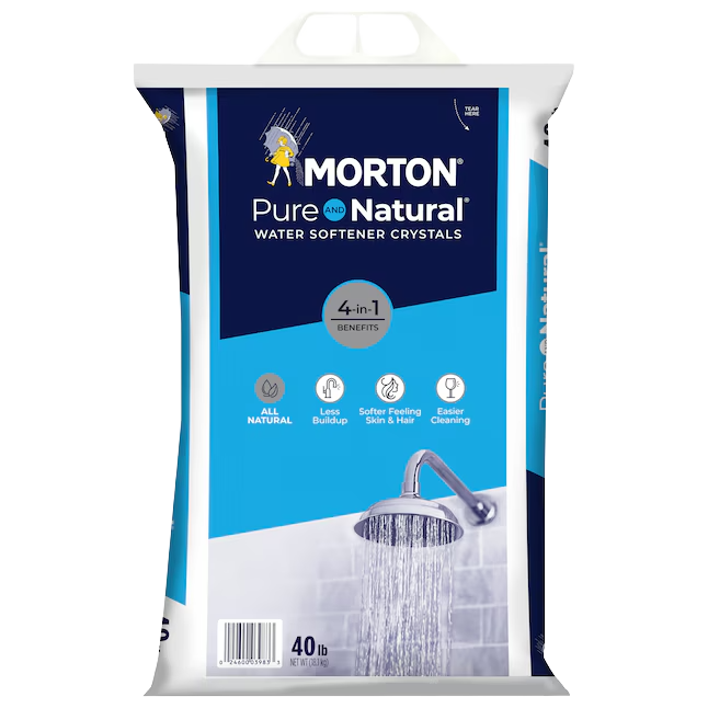 Front of blue-and-white Morton Pure and Natural 40 lb water softener salt crystal bag with handle and showerhead graphic