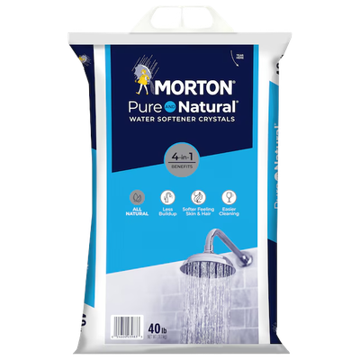 Front of blue-and-white Morton Pure and Natural 40 lb water softener salt crystal bag with handle and showerhead graphic