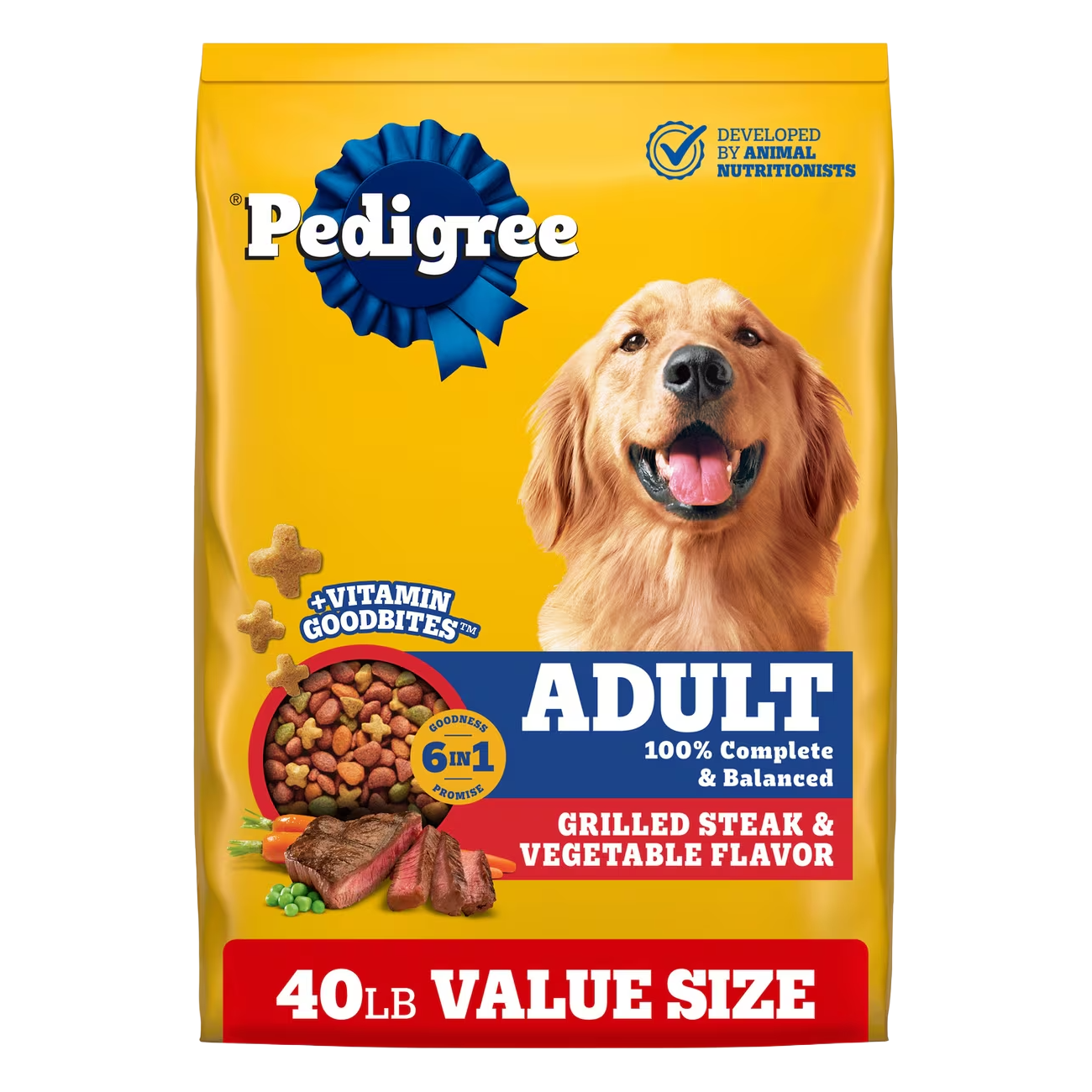 Front of Pedigree Adult Grilled Steak and Vegetable Flavor dry dog food 40 lb value-size bag with Vitamin Goodbites