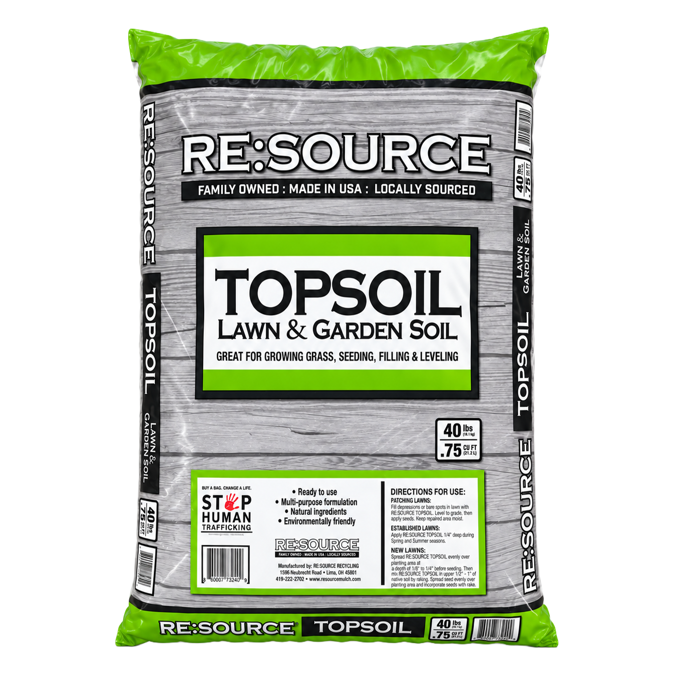 Front of Re:Source Topsoil lawn and garden soil bag, 40 lb / 0.75 cu ft
