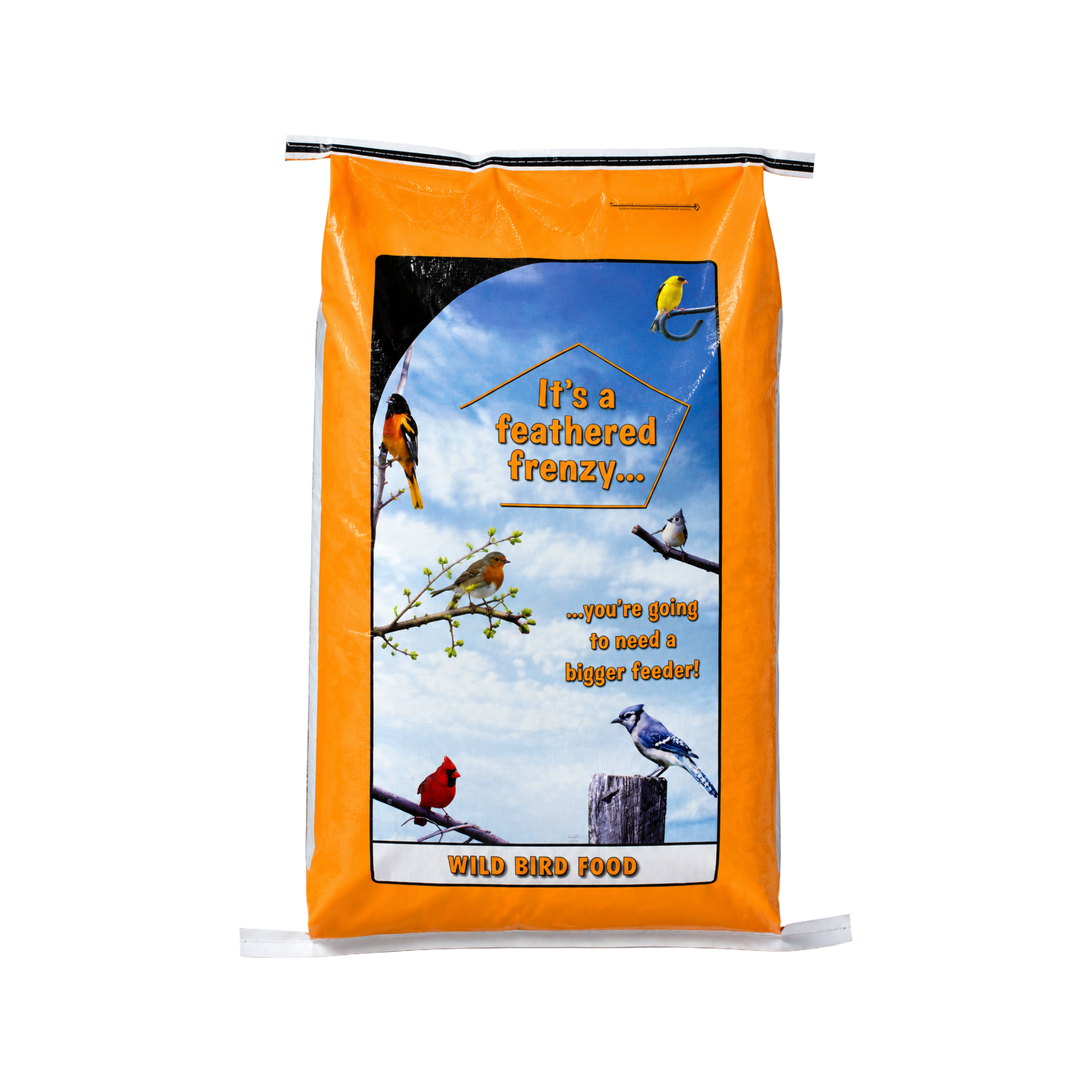 Liberty Deluxe Wild Birdseed 20 lb orange bag with songbird artwork, front view