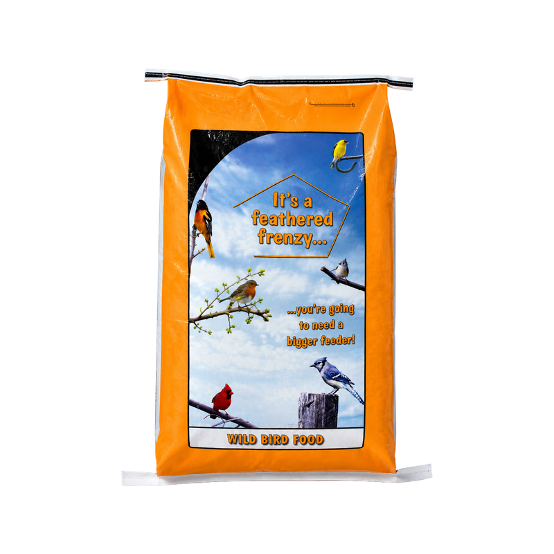 Liberty Deluxe Wild Birdseed 20 lb orange bag with songbird artwork, front view