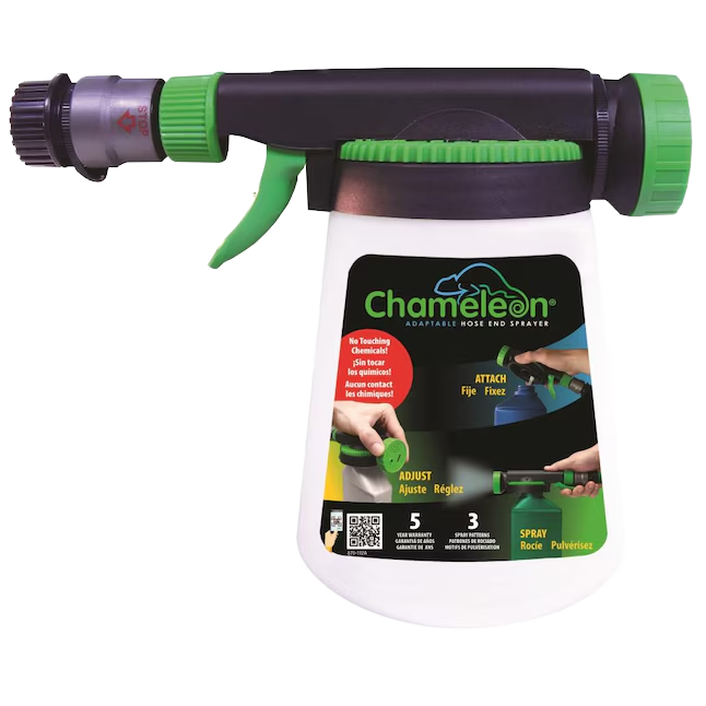 Hudson Chameleon hose-end sprayer with black-and-green spray head and translucent canister