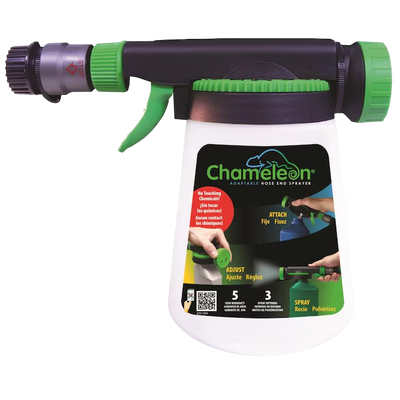 Hudson Chameleon hose-end sprayer with black-and-green spray head and translucent canister